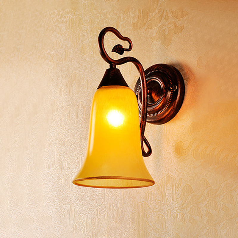 Yellow Glass And Metal Wall Light - 1 Traditional Style Lamp With Bell Shade Copper Finish