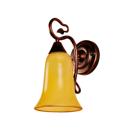 Yellow Glass And Metal Wall Light - 1 Traditional Style Lamp With Bell Shade Copper Finish