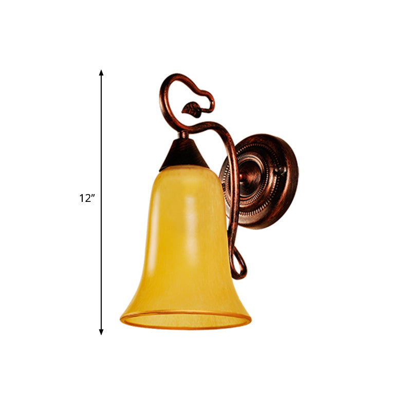 Yellow Glass And Metal Wall Light - 1 Traditional Style Lamp With Bell Shade Copper Finish