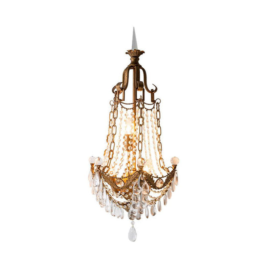 Antique Brass Countryside Beaded Crystal Sconce - 3-Light Wall Mounted Light For Living Room