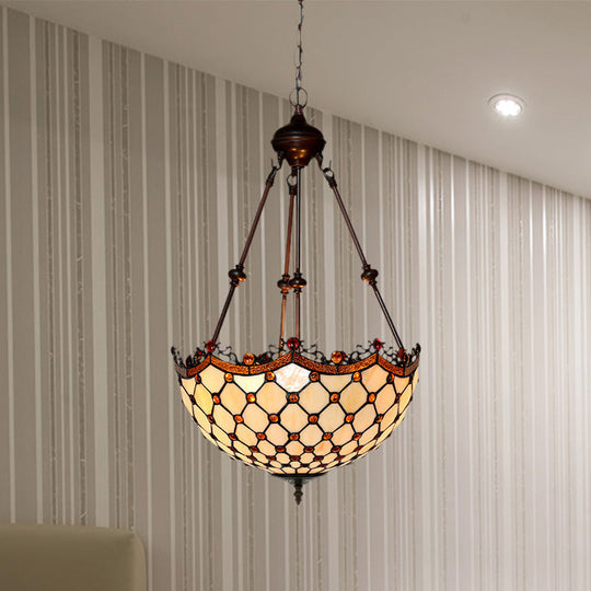 White Baroque Stained Glass Beaded Chandelier - 2/3 Lights Elegant Suspension Lighting For Corridor