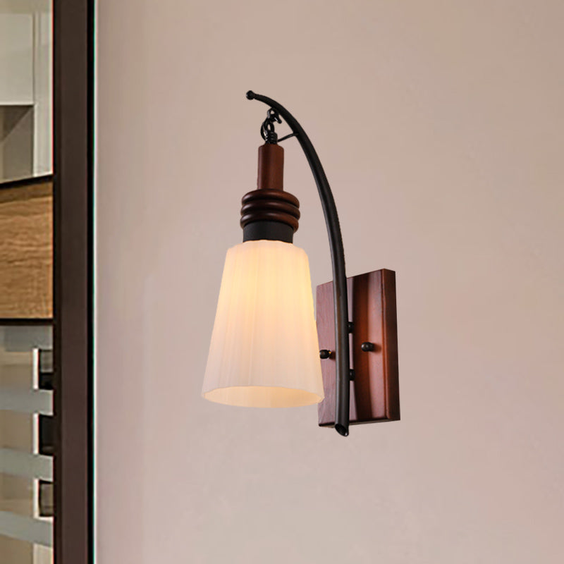 Modern Opal Glass And Wood Wall Mounted Sconce Light - Bedroom Lighting Fixture In Red Brown