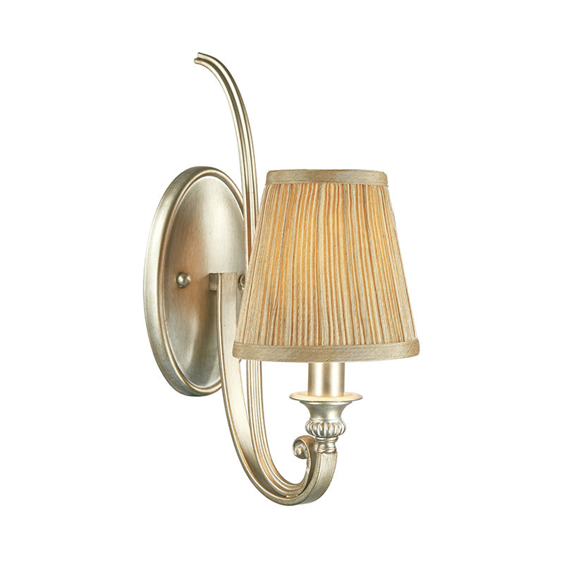 Traditional Flaxen Fabric Sconce: 1-Light Curved Arm Wall Lighting For Bedroom