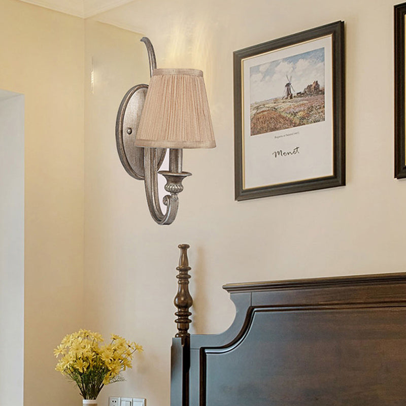 Traditional Flaxen Fabric Sconce: 1-Light Curved Arm Wall Lighting For Bedroom