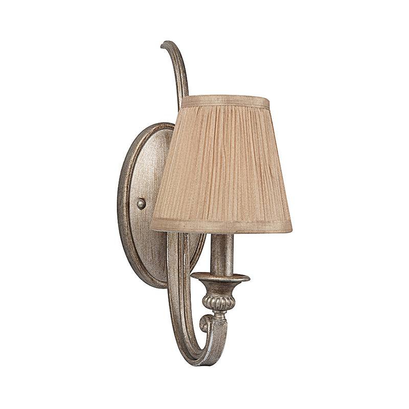 Traditional Flaxen Fabric Sconce: 1-Light Curved Arm Wall Lighting For Bedroom