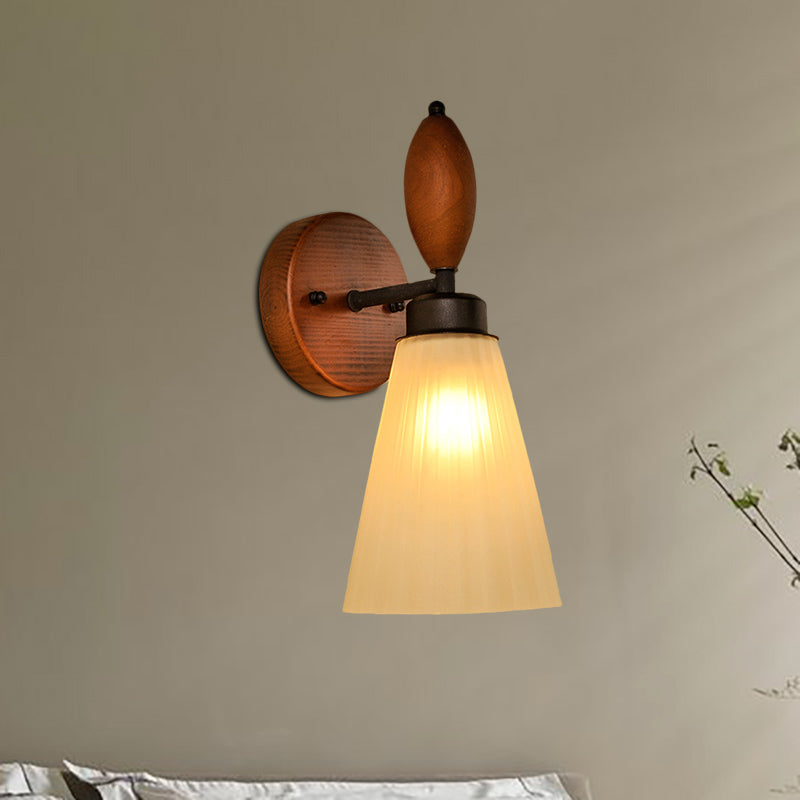 Modern Frosted Glass Wall Mounted Lamp - Stylish 1-Light Red Brown Sconce With Wooden Backplate