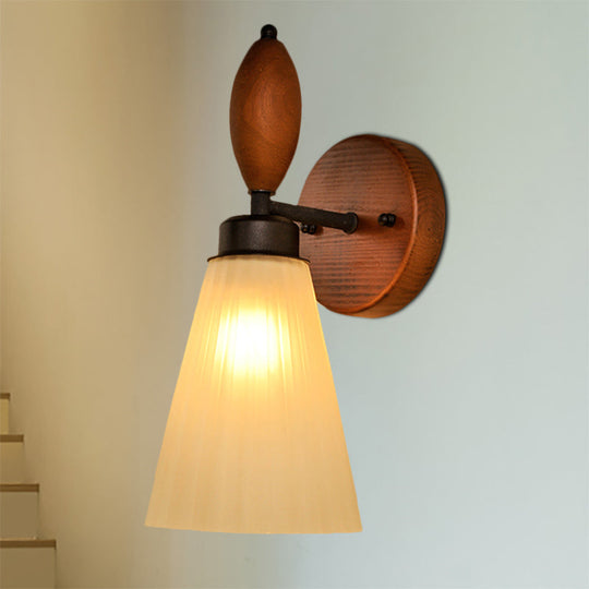 Modern Frosted Glass Wall Mounted Lamp - Stylish 1-Light Red Brown Sconce With Wooden Backplate