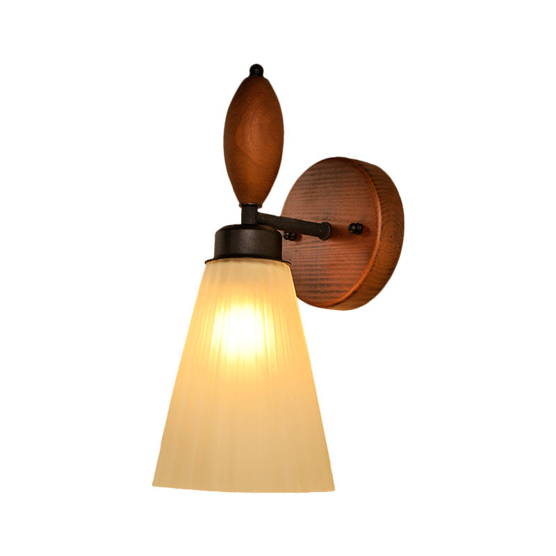 Modern Frosted Glass Wall Mounted Lamp - Stylish 1-Light Red Brown Sconce With Wooden Backplate