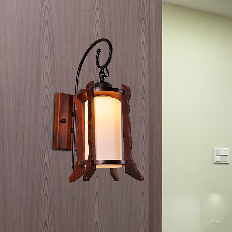 Traditional Red Brown Lantern Wall Sconce With Milk Glass Shade