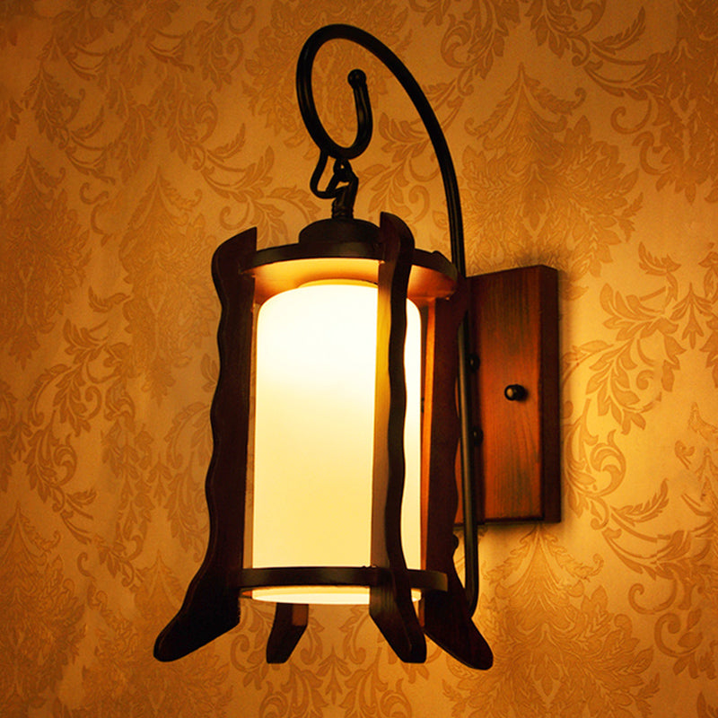 Traditional Red Brown Lantern Wall Sconce With Milk Glass Shade