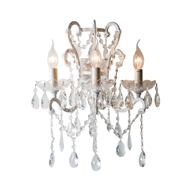 Gold & Distressed White Metal Wall Mounted Sconce With Crystal Accent - 3-Light Lodge Swooping Arm