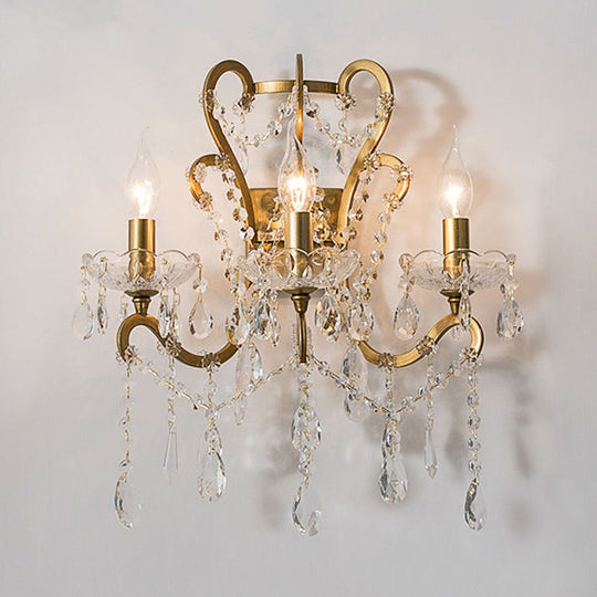 Gold & Distressed White Metal Wall Mounted Sconce With Crystal Accent - 3-Light Lodge Swooping Arm