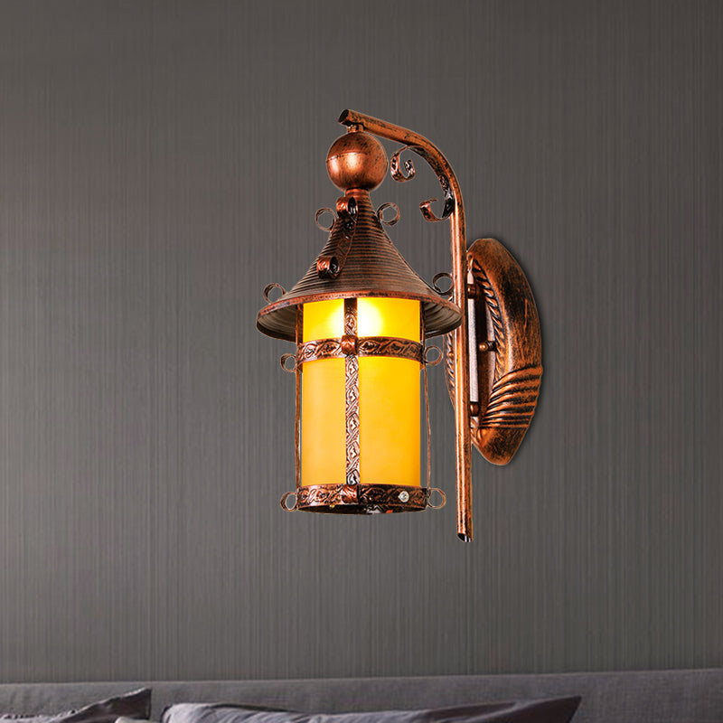 Vintage Yellow Glass Wall Mounted Light With Curved Arm And Weathered Copper Finish For House