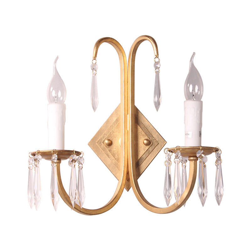 Gold Metallic Rustic Wall Sconce With Crystal Droplet - 2-Light Candle-Style Fixture For Dining Room