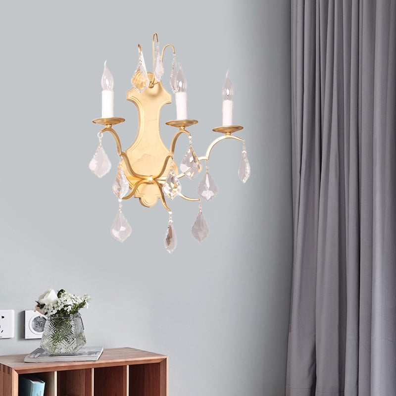 Curvy Gold Sconce With Crystal Accent - Countryside Metallic Wall Lamp (3 Lights) For Living Room