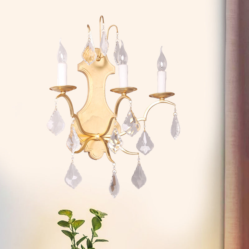 Curvy Gold Sconce With Crystal Accent - Countryside Metallic Wall Lamp (3 Lights) For Living Room