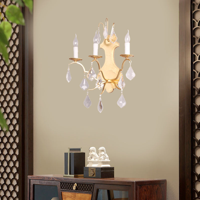 Curvy Gold Sconce With Crystal Accent - Countryside Metallic Wall Lamp (3 Lights) For Living Room