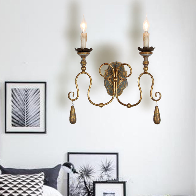 Wall Mounted Metal Candle Sconce Light - Countryside Vanity Lamp With 2 White/Gold Lights Gold