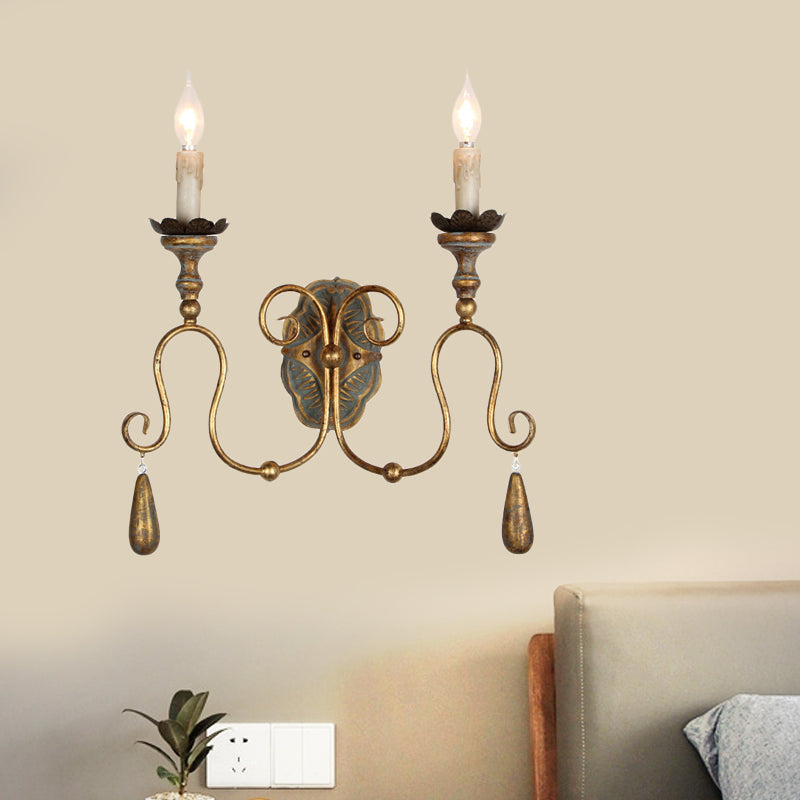 Wall Mounted Metal Candle Sconce Light - Countryside Vanity Lamp With 2 White/Gold Lights