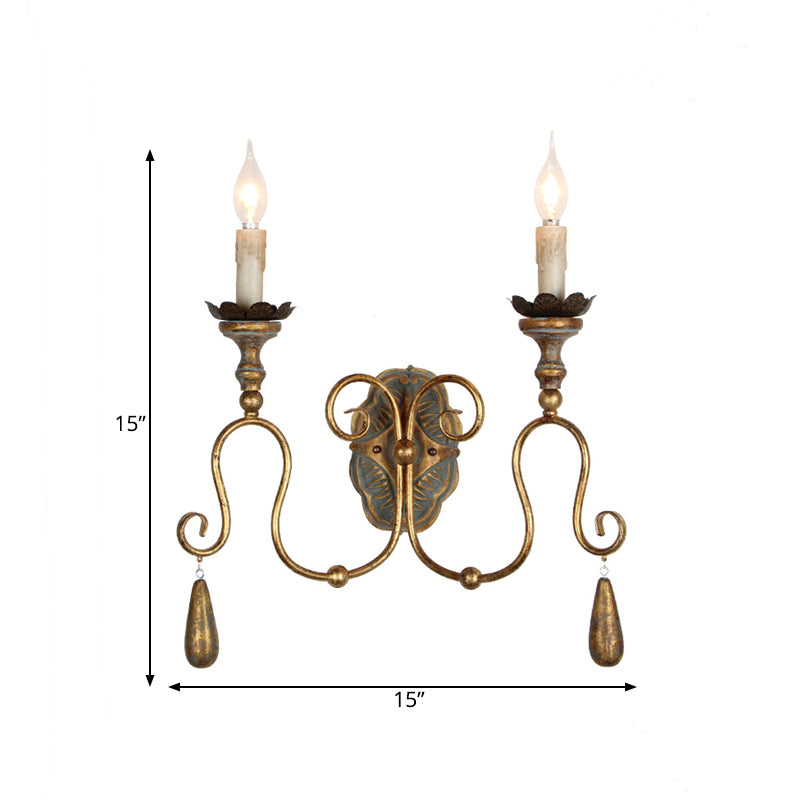 Wall Mounted Metal Candle Sconce Light - Countryside Vanity Lamp With 2 White/Gold Lights