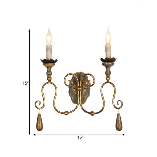 Wall Mounted Metal Candle Sconce Light - Countryside Vanity Lamp With 2 White/Gold Lights