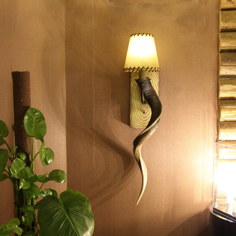 Country Style Horn Resin Bedroom Wall Lamp With Bronze Cone Shade & 1 Light