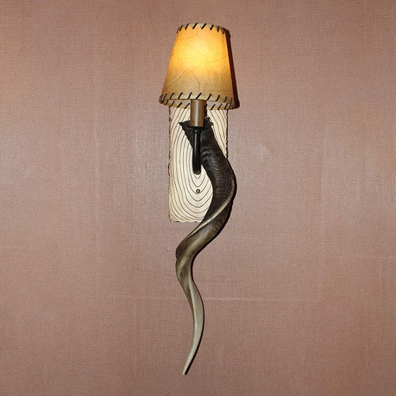 Country Style Horn Resin Bedroom Wall Lamp With Bronze Cone Shade & 1 Light