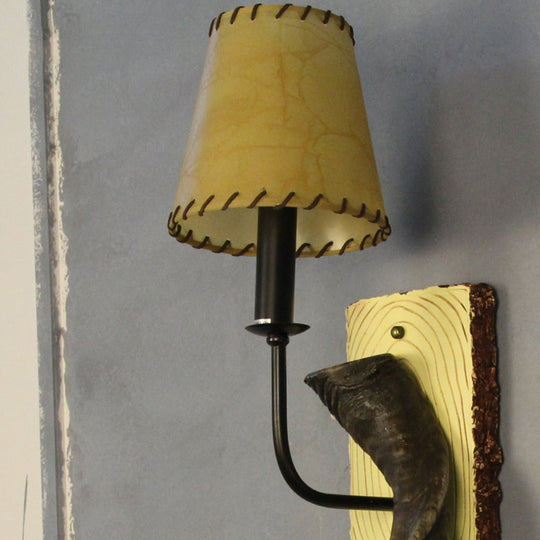 Country Style Horn Resin Bedroom Wall Lamp With Bronze Cone Shade & 1 Light