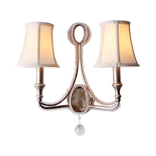 Rustic Empire Shade Fabric Wall Mounted Bedroom Sconce In White/Aged Silver - 1/2 Lights Fixture