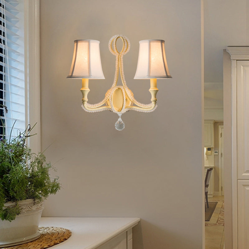 Rustic Empire Shade Fabric Wall Mounted Bedroom Sconce In White/Aged Silver - 1/2 Lights Fixture