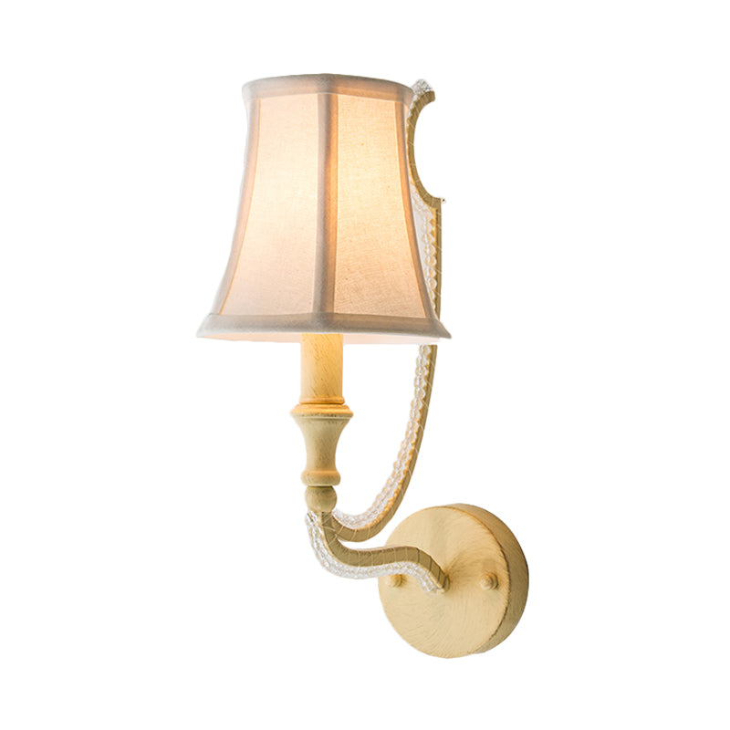 Rustic Empire Shade Fabric Wall Mounted Bedroom Sconce In White/Aged Silver - 1/2 Lights Fixture