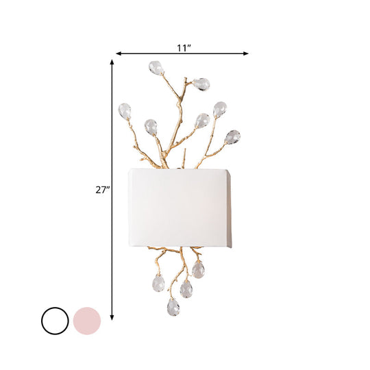 Classic Fabric Rectangle Wall Mounted Lamp With Brass Sconce & Pink/Clear Crystal Accent - 2 Lights