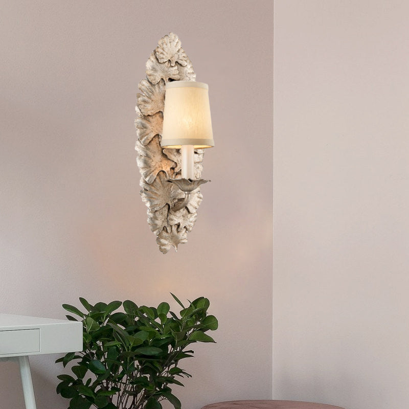 Rustic Fabric Bell Wall Mounted Light Sconce - 1 Bedroom Fixture In White/Bronze White