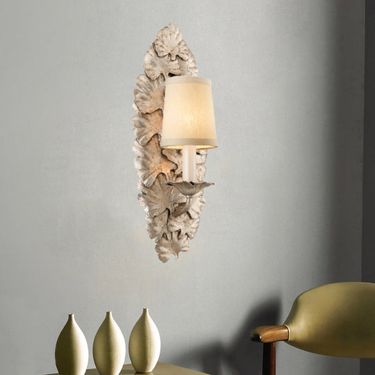 Rustic Fabric Bell Wall Mounted Light Sconce - 1 Bedroom Fixture In White/Bronze