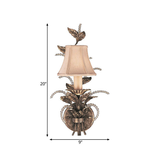 Rustic Fabric Bell Wall Mounted Light Sconce - 1 Bedroom Fixture In White/Bronze