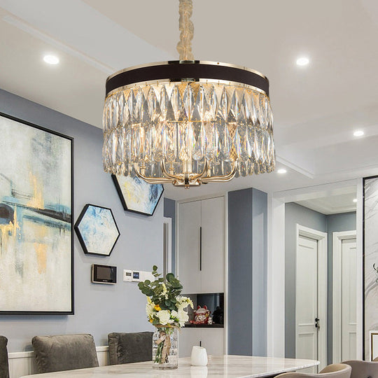 Modern Drum Chandelier With Faceted Crystal 8 Bulbs Black-Gold Pendant Light Fixture