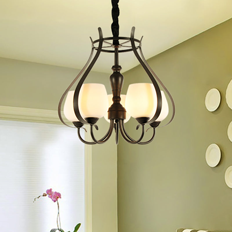 Contemporary Black Finish Chandelier - 5 Bulbs Opal Glass Bowl Shade