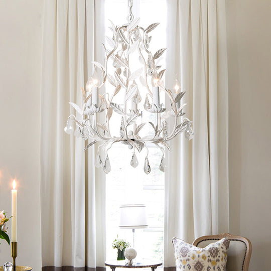 Modern Metal Leaf Chandelier with Crystal Drop - 5 Bulb Lighting Fixture in Grey/Distressed White