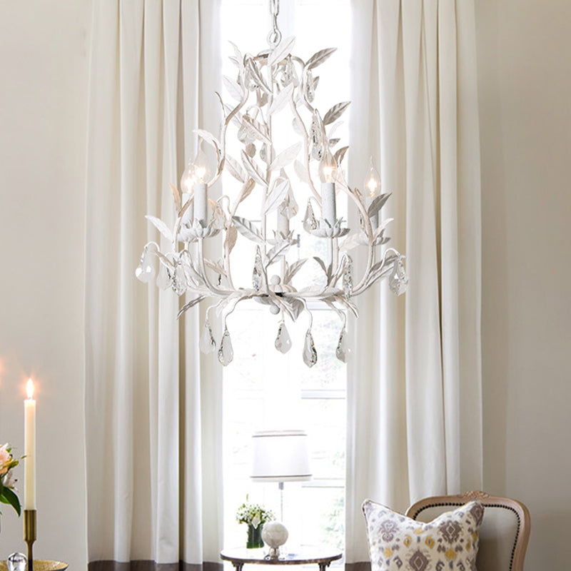 Modern Metal Leaf Chandelier Lamp With Crystal Drop - 5 Bulbs Grey/Distressed White Suspended