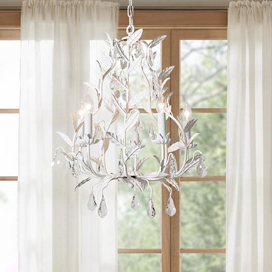 Modern Metal Leaf Chandelier with Crystal Drop - 5 Bulb Lighting Fixture in Grey/Distressed White