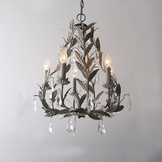 Modern Metal Leaf Chandelier with Crystal Drop - 5 Bulb Lighting Fixture in Grey/Distressed White