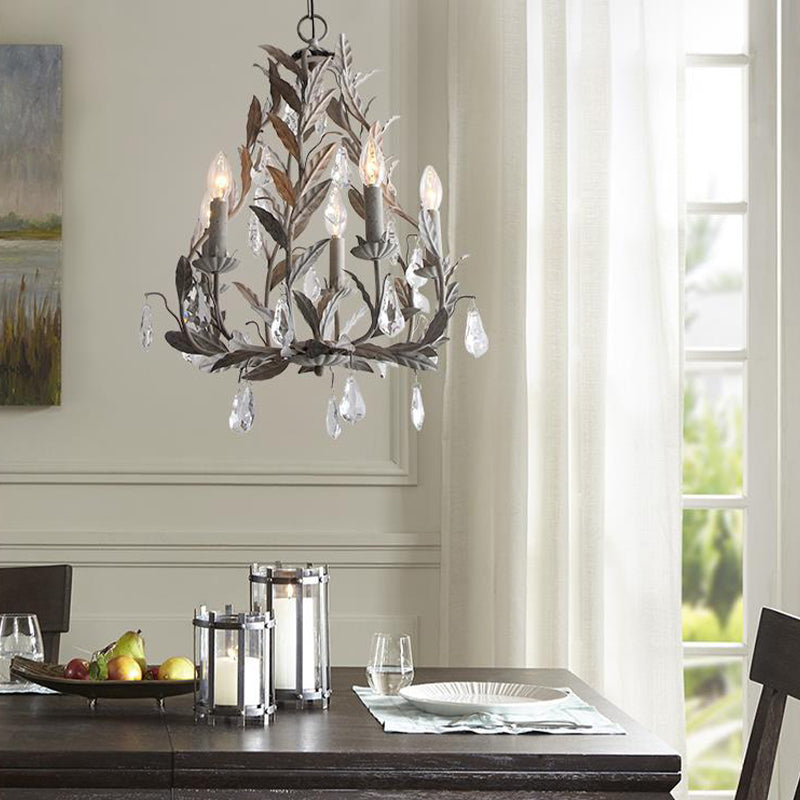 Modern Metal Leaf Chandelier with Crystal Drop - 5 Bulb Lighting Fixture in Grey/Distressed White