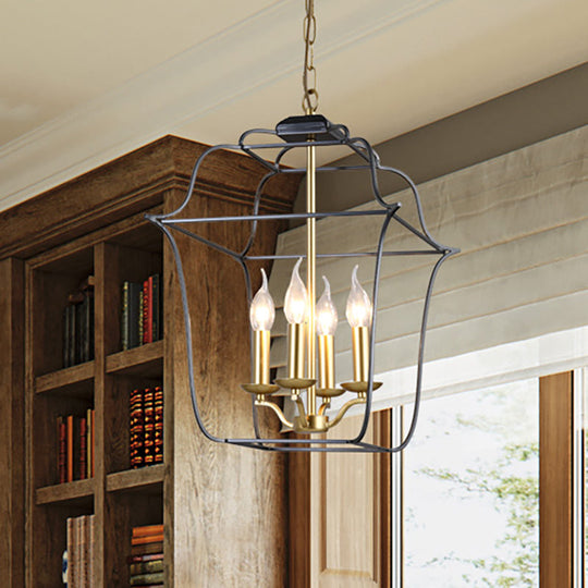 Traditional Style Metal Cage Pendant Light With 3/4 Hanging Heads - Gold Finish