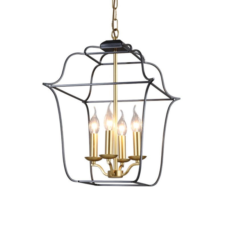 Traditional Style Metal Cage Pendant Light With 3/4 Hanging Heads - Gold Finish