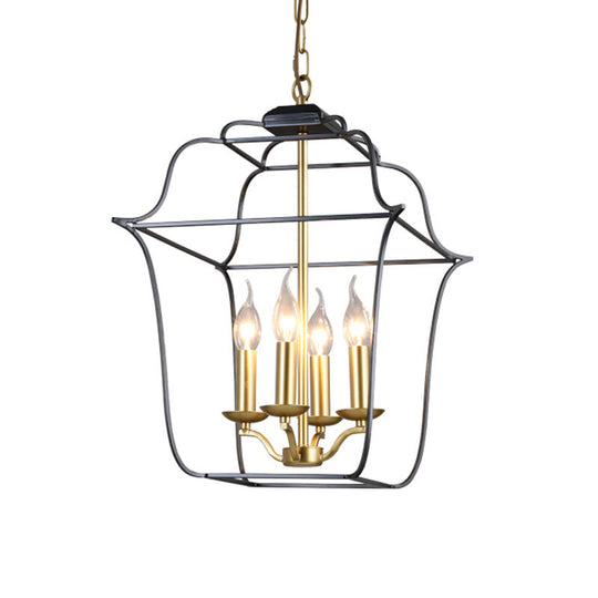 Traditional Style Metal Cage Pendant Light With 3/4 Hanging Heads - Gold Finish