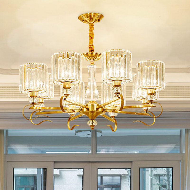 Contemporary Faceted Crystal Cylinder Chandelier - Brass Ceiling Pendant Light with 3/6/8 Bulbs - 23.5"/27"/33.5" Wide