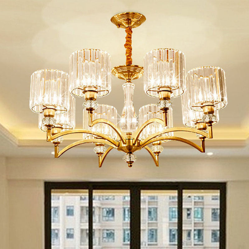 Contemporary Cylinder Chandelier With Crystal Facets - Brass Pendant Ceiling Light