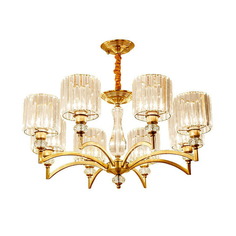 Contemporary Faceted Crystal Cylinder Chandelier - Brass Ceiling Pendant Light with 3/6/8 Bulbs - 23.5"/27"/33.5" Wide