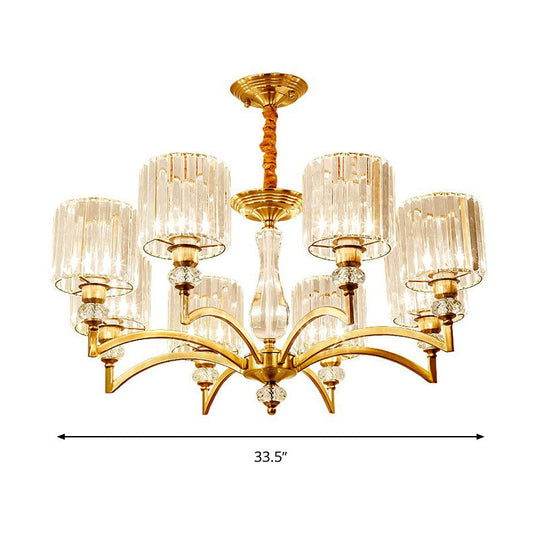 Contemporary Faceted Crystal Cylinder Chandelier - Brass Ceiling Pendant Light with 3/6/8 Bulbs - 23.5"/27"/33.5" Wide