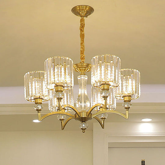 Contemporary Faceted Crystal Cylinder Chandelier - Brass Ceiling Pendant Light with 3/6/8 Bulbs - 23.5"/27"/33.5" Wide